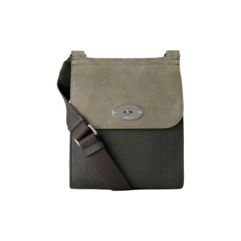 Mulberry Cow Leather Messenger Bag Shoulder Bag Crossbody Bag Small Size Unisex Dark Green With Olive Green Accents