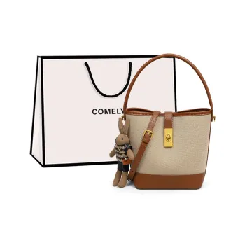 COMELY _Argument Fabric With Synthetic Leather Commute Bag Bucket Bag Shoulder Bag Handbag Regular Women's Ecru & Brown