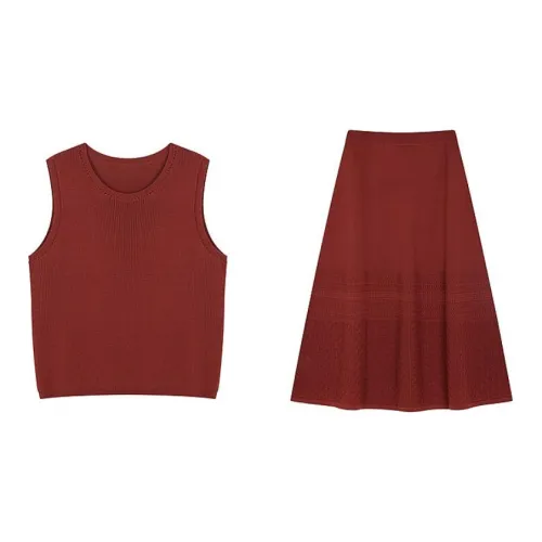 Mo Han Yi Mei Two Piece Skirt Sets Women's Brick Red