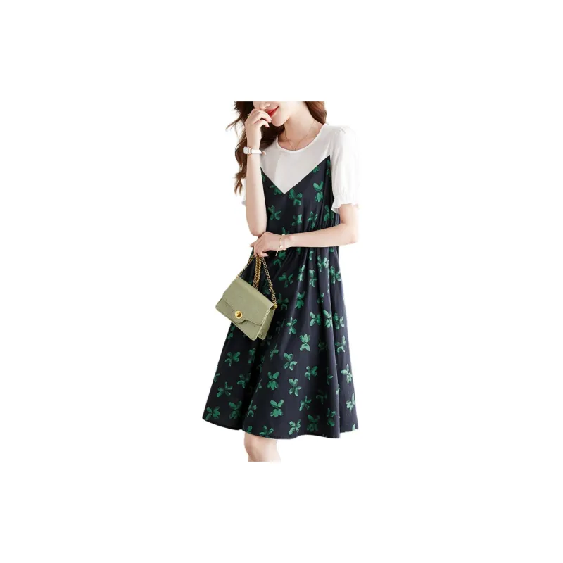 Mo Han Yi Mei Short Sleeved Dress Women's Navy Blue & White-1