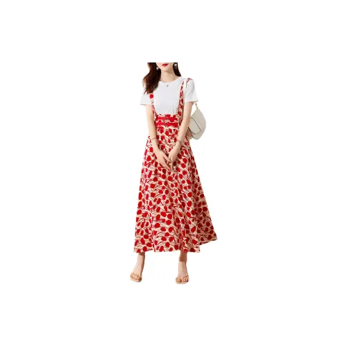 Mo Han Yi Mei Two Piece Skirt Sets Women's White Top/Red Bottom