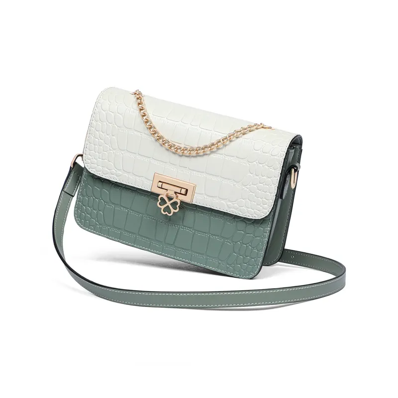 C°BANNER Cow Leather With Synthetic Leather Small Square Bag, Crossbody Bag, Shoulder Bag Women's White & Green-3