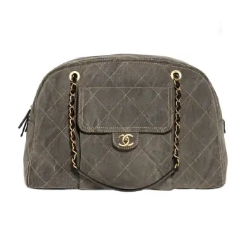 CHANEL Washed Denim With Gold Metal Accents Bowling Bag Handbag Women's Taupe