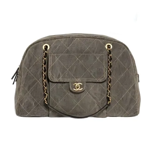 CHANEL Washed Denim With Gold Metal Accents Bowling Bag Handbag Women's Taupe