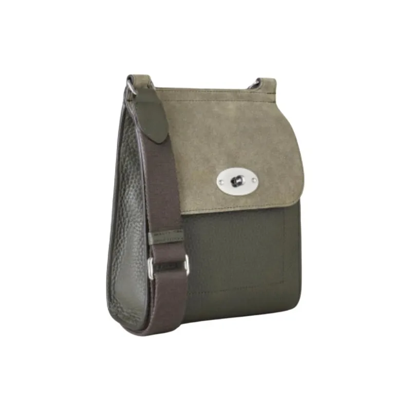 Mulberry Cow Leather Messenger Bag Shoulder Bag Crossbody Bag Small Size Unisex Dark Green With Olive Green Accents-1