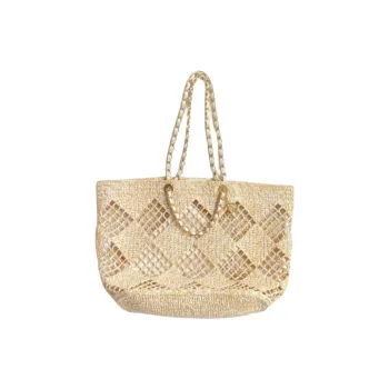 CHANEL Raffia Fiber Effect & Metal Tote Bag, Shopping Bag, Beach Bag, One Shoulder Handbag Women's Beige