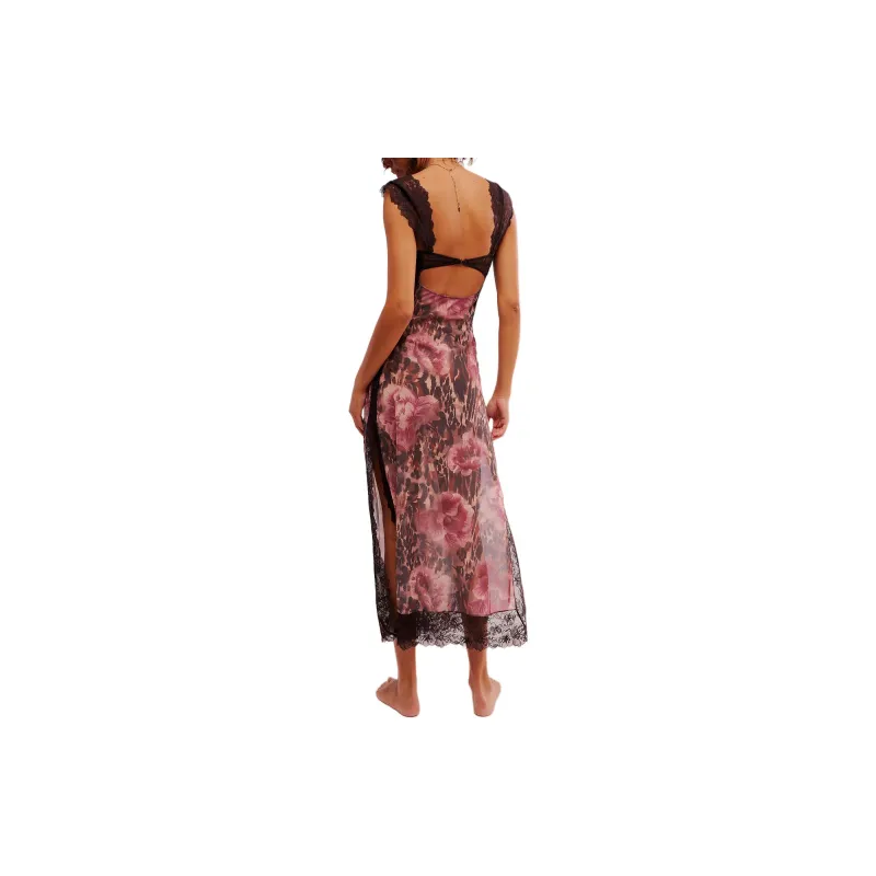 FREE PEOPLE Suddenly Fine Maxi Slip Short-Sleeved Dresses Women's Shaved Chocolate Combo-1