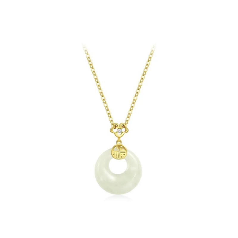 Kai Zhen Ruyi Silver Inlay Hetian Jade Pendants Women's Pale Greenish White Jade-0