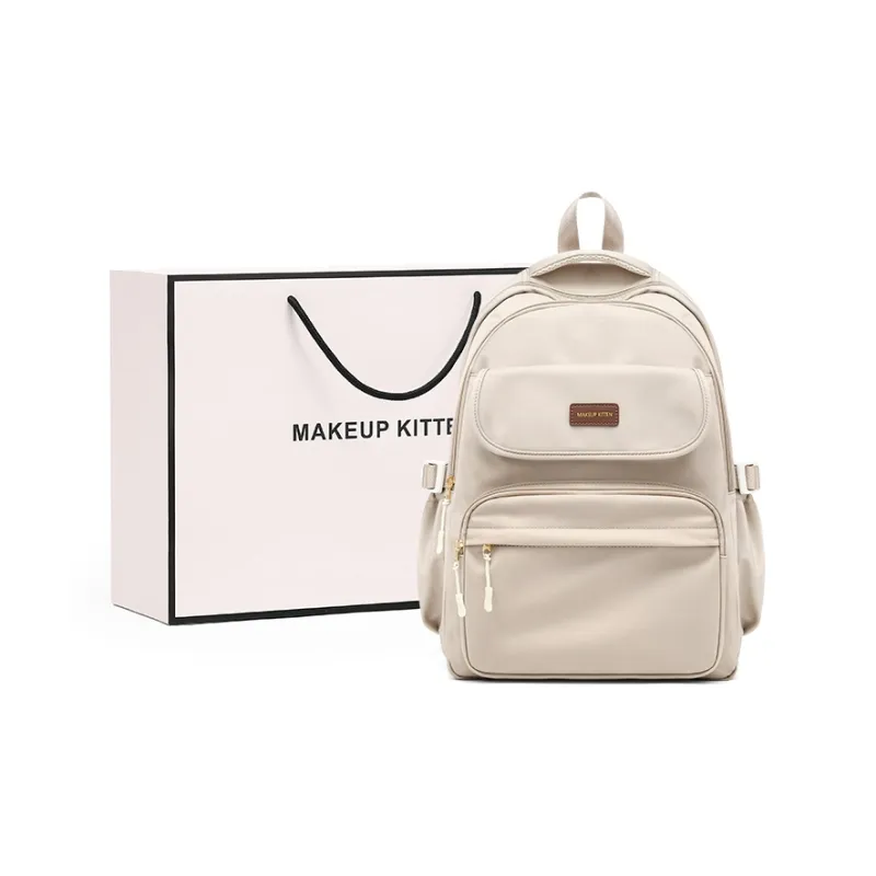 MAKEUP KITTEN Nylon Fabric With Synthetic Leather School And Work Travel Bag Backpack Regular Unisex Black/Khaki-6