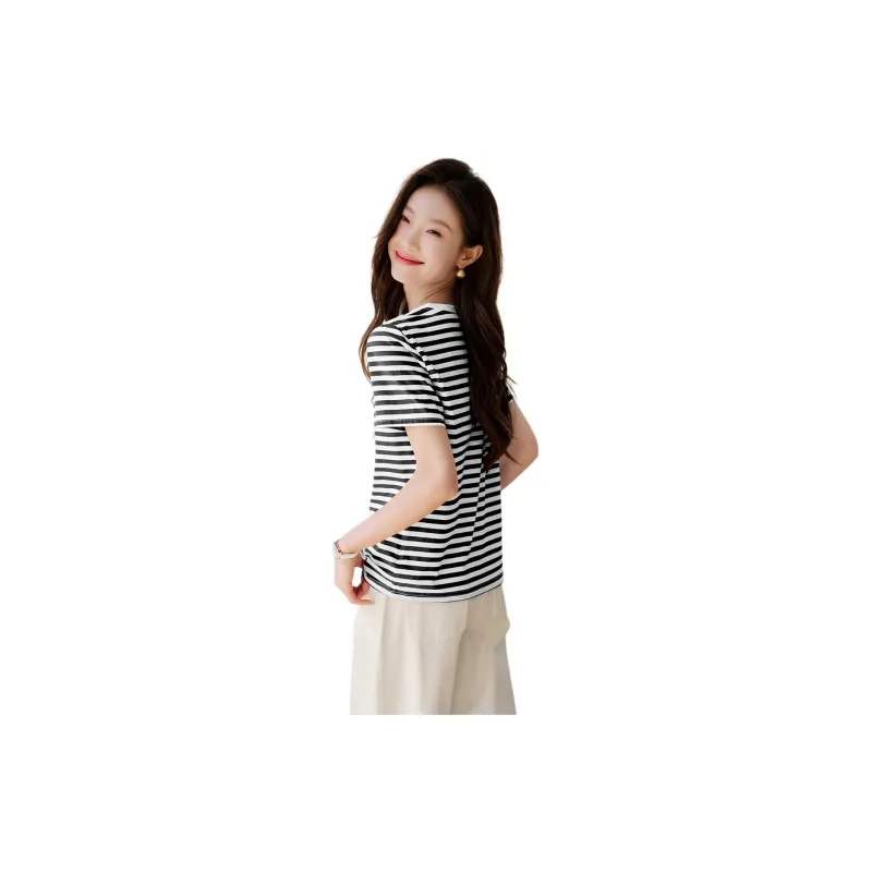 Mo Han Yi Mei T Shirt Women's Black White Stripes-2