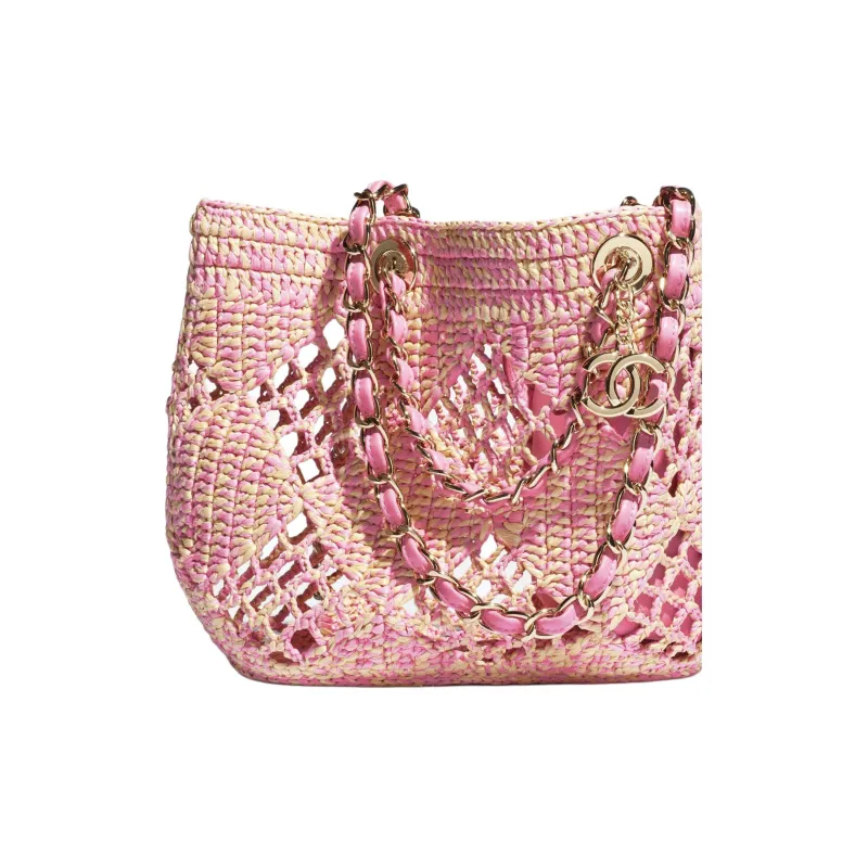 CHANEL Raffia Effect & Metal Tote Bag, Shopping Bag, Shoulder Bag, Crossbody Bag, Handbag Trumpets Women's Beige & Pink-3