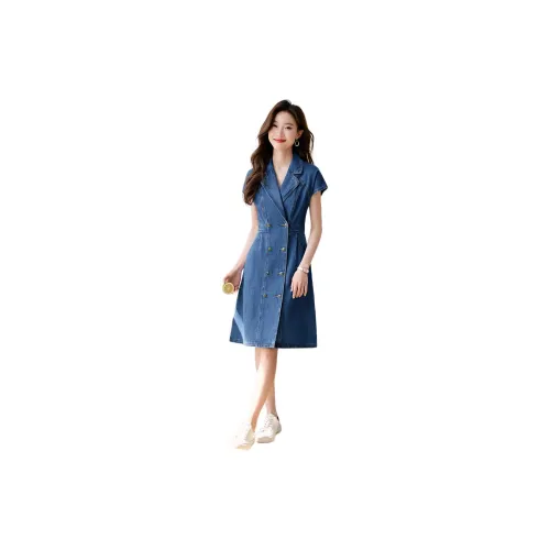 Mo Han Yi Mei Short-Sleeved Dresses Women's Denim Blue