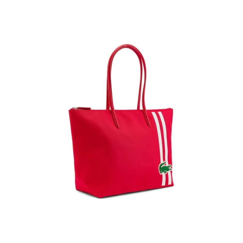 LACOSTE PVC Tote Bag Shopping Bag Shoulder Bag Handbag Medium Size Women's Red Stamped White Strips-1