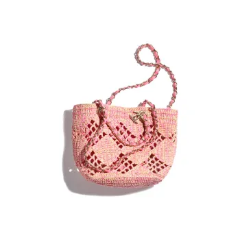 CHANEL Raffia Effect & Metal Tote Bag, Shopping Bag, Shoulder Bag, Crossbody Bag, Handbag Trumpets Women's Beige & Pink