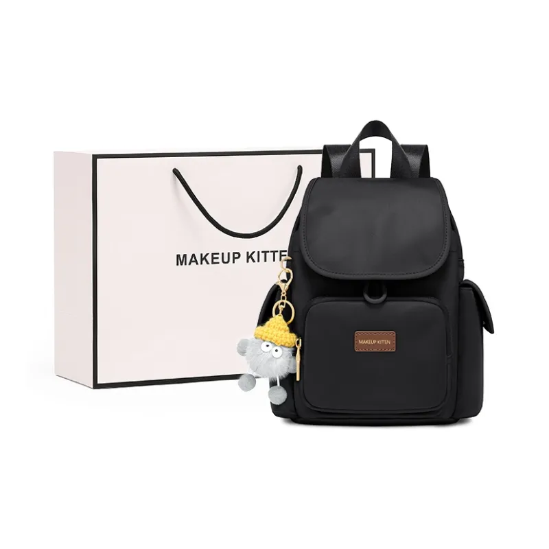MAKEUP KITTEN Nylon Fabric With Synthetic Leather Backpack Women's Khaki/Black-7