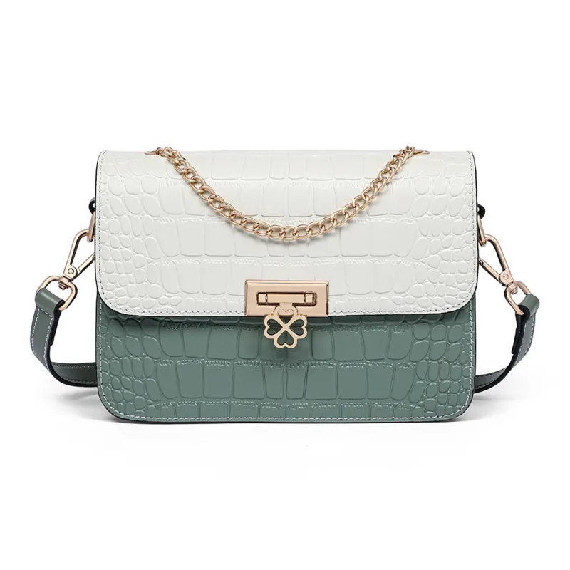 C°BANNER Cow Leather With Synthetic Leather Small Square Bag, Crossbody Bag, Shoulder Bag Women's White & Green-2