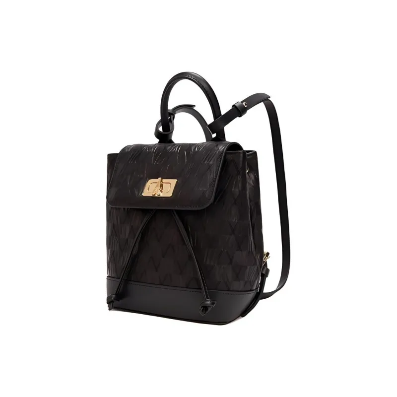 ELLE Cow Leather Backpack Small Size Women's Black/White-1