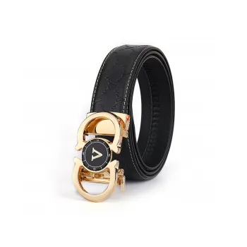 PISHUSHU Trendy Print Automatic Buckle Cow Leather Leather Belts Men's Black Buckle With Gold Tone Lock Width  3.5cm