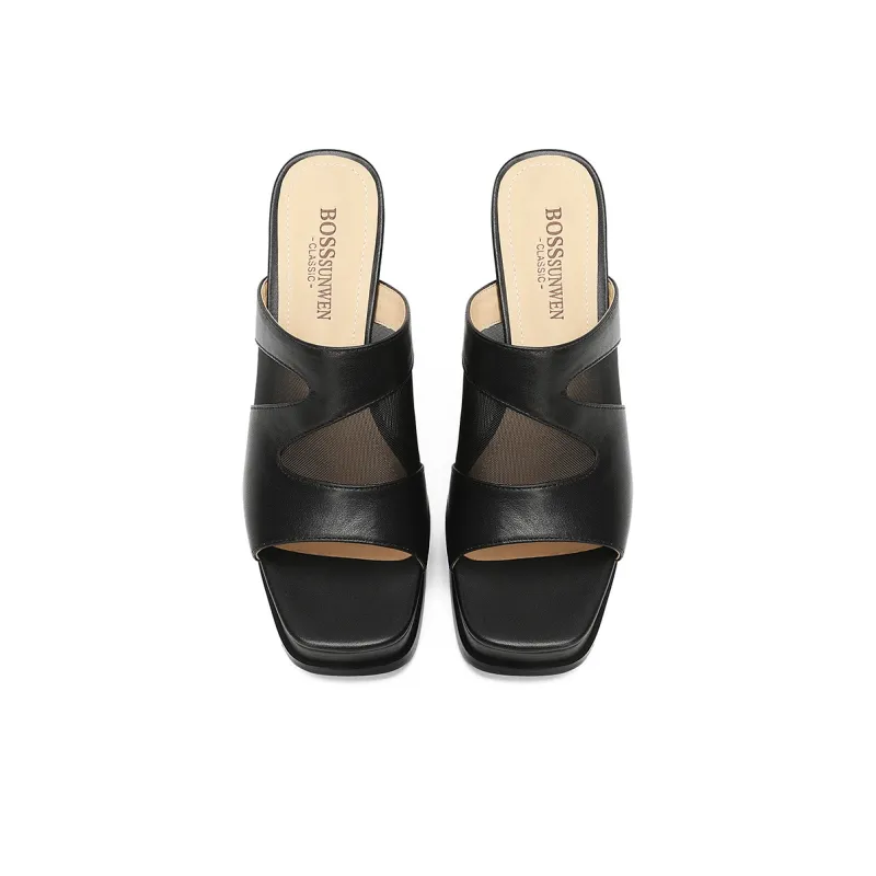 BOSSSUNWEN Rubber Sole Cut Out Odor Resistant Slide Slippers 10cm Women's-2