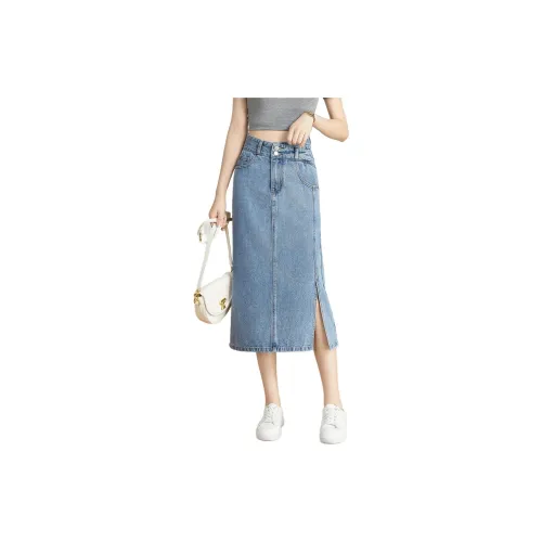 Mo Han Yi Mei Denim Long Skirts Women's Denim Light Blue