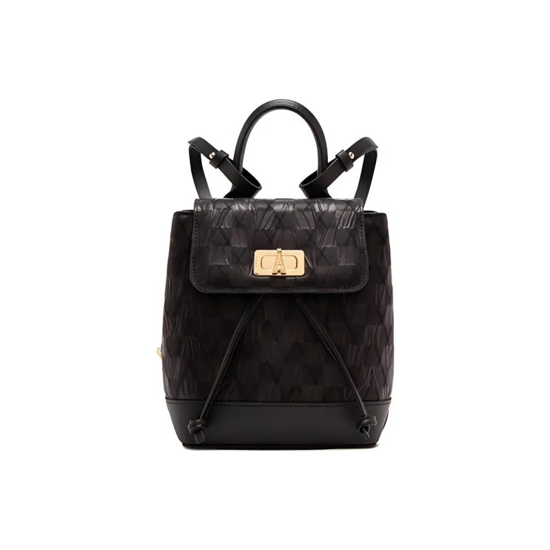 ELLE Cow Leather Backpack Small Size Women's Black/White-0