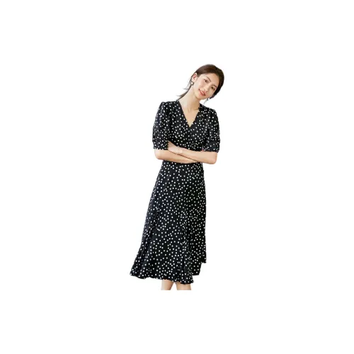 Hopeshow Short-Sleeved Dresses Women's Black Background With White Dots