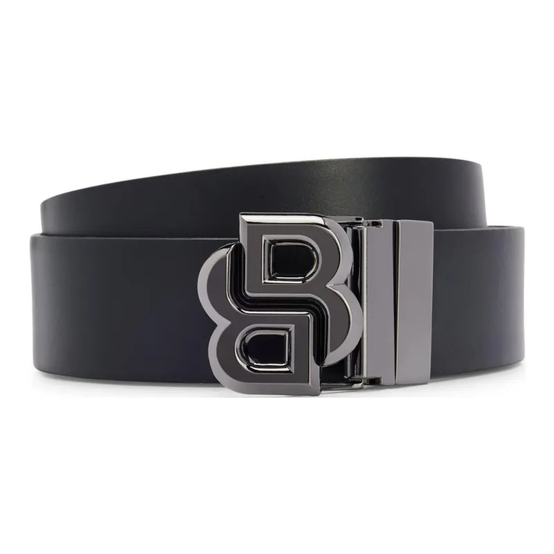 HUGO BOSS Interwoven Letter, Pin Buckle Cowhide Split Leather Belts Men's Black Width 3.5CM-0