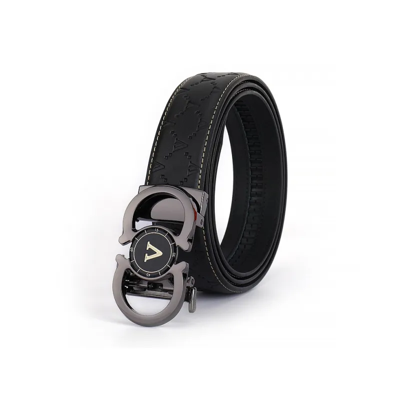 PISHUSHU Trendy Print Automatic Buckle Cow Leather Leather Belts Men's Black Buckle With Gold Tone Lock Width  3.5cm-0