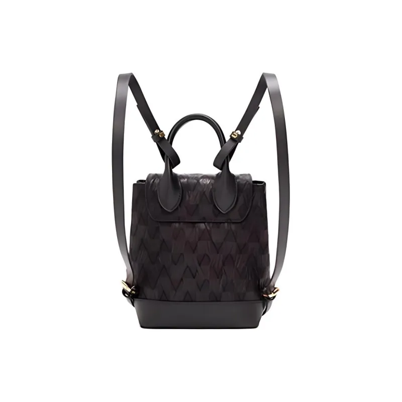 ELLE Cow Leather Backpack Small Size Women's Black/White-2