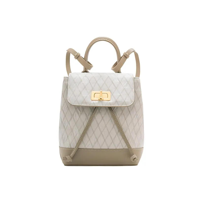 ELLE Cow Leather Backpack Small Size Women's Black/White-5