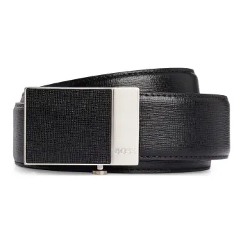 HUGO BOSS Letter Logo, Plate Buckle Cowhide Split Leather Belts Unisex Black Width 3.5CM