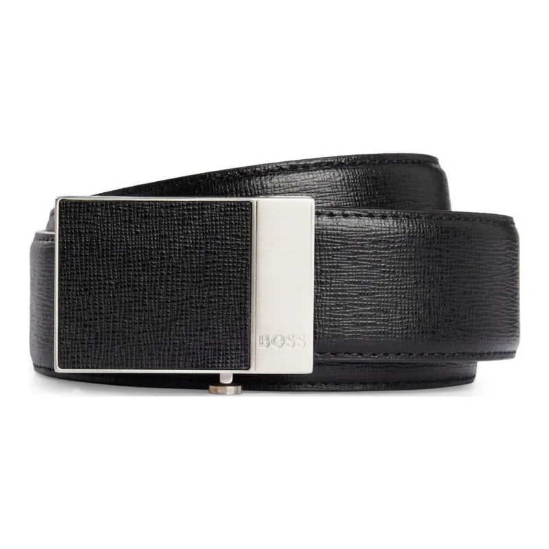HUGO BOSS Letter Logo, Plate Buckle Cowhide Split Leather Belts Unisex Black Width 3.5CM-0