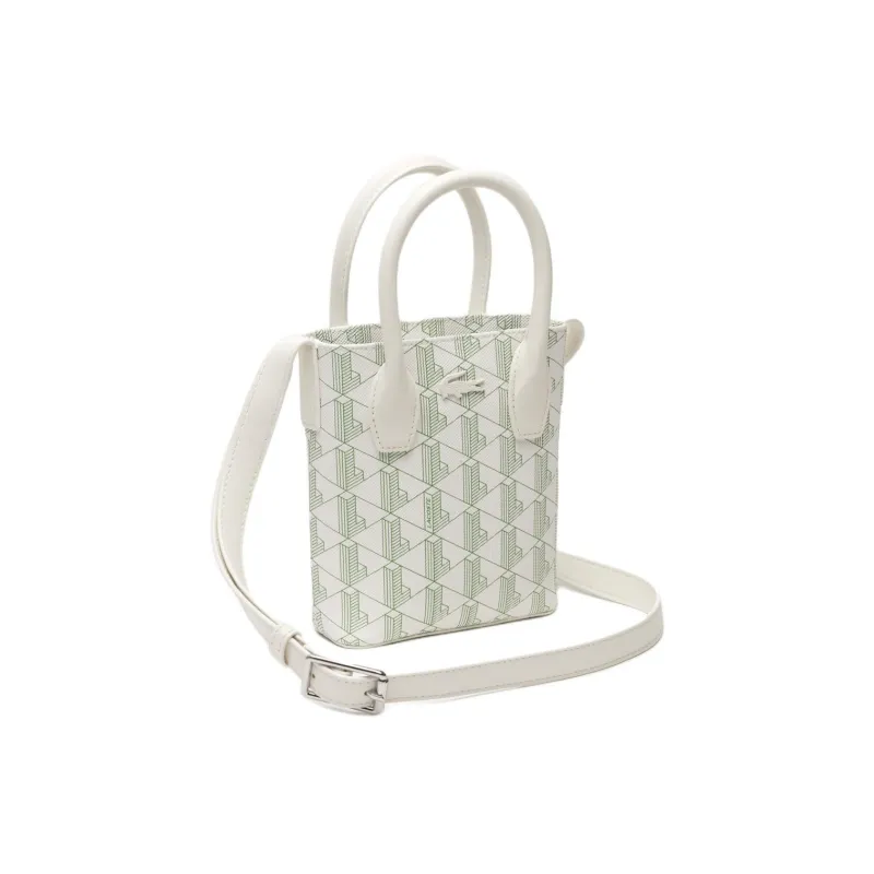 LACOSTE Coated Cotton Canvas Handbag Shoulder Bag Crossbody Bag Medium Size Women's White & Green-2
