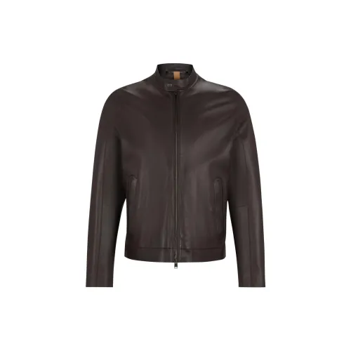 HUGO BOSS Leather Jackets Men Dark Brown