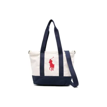 Polo Ralph Lauren Cotton Tote Bag, Shopping Bag, Handbag, Shoulder Bag Women's Ivory & Marine Blue