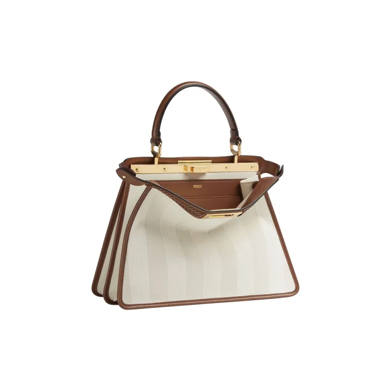 FENDI Peekaboo ISeeU Striped Fabric Calfskin Trim Shoulder Bag Crossbody Bag Handbag Medium Size Women's Light Umber-3