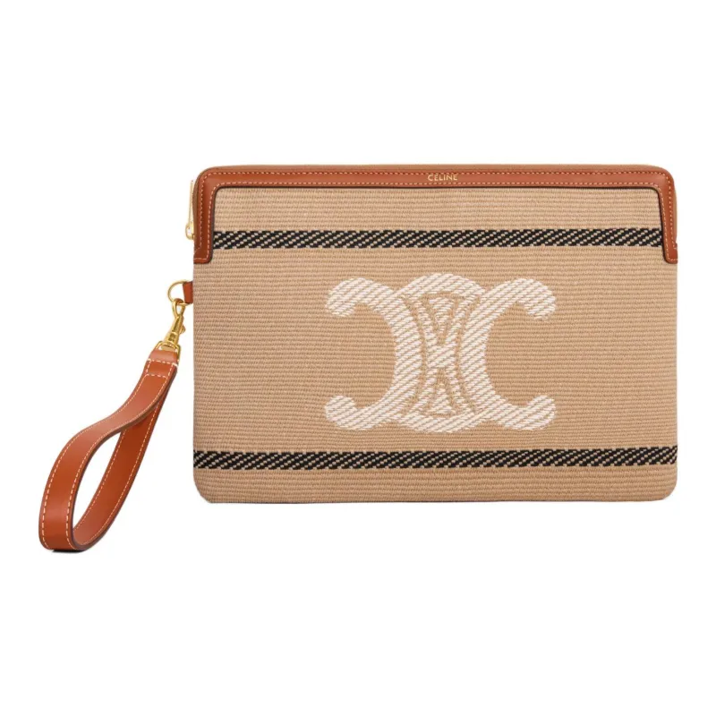 CELINE Fabric Cow Leather Patchwork Clutch Small Size Women's Beige & Black-0
