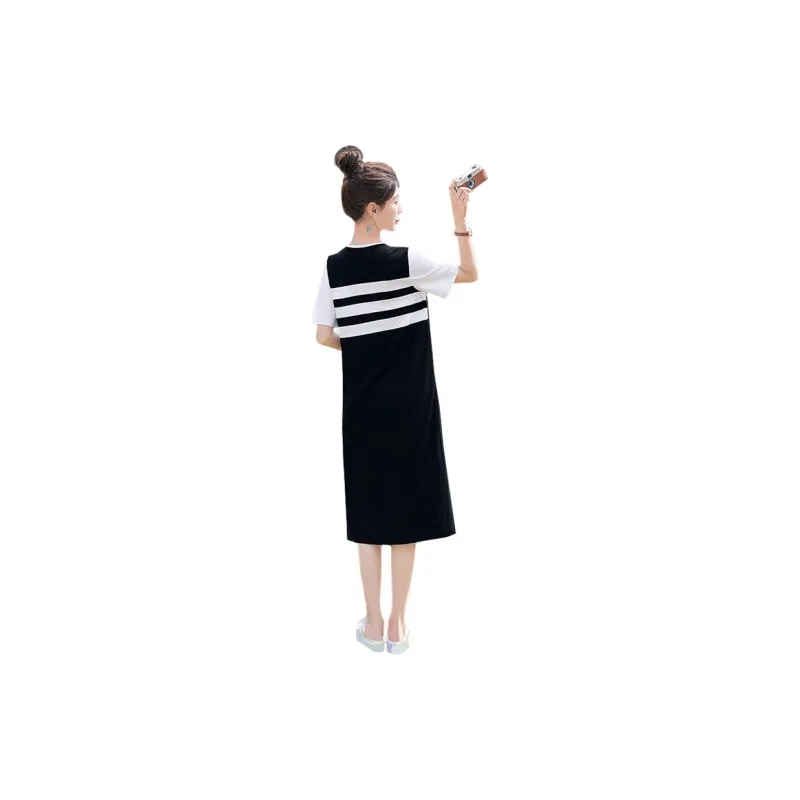 Cypress House Short-Sleeved Dresses Women's Black Background With White Stripes-1