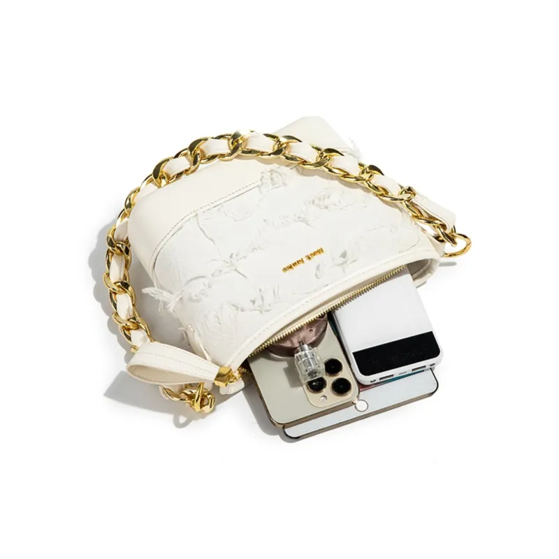 MACKJANICE Polyurethane Synthetic Leather Shoulder Bag Women's Fringe White-4