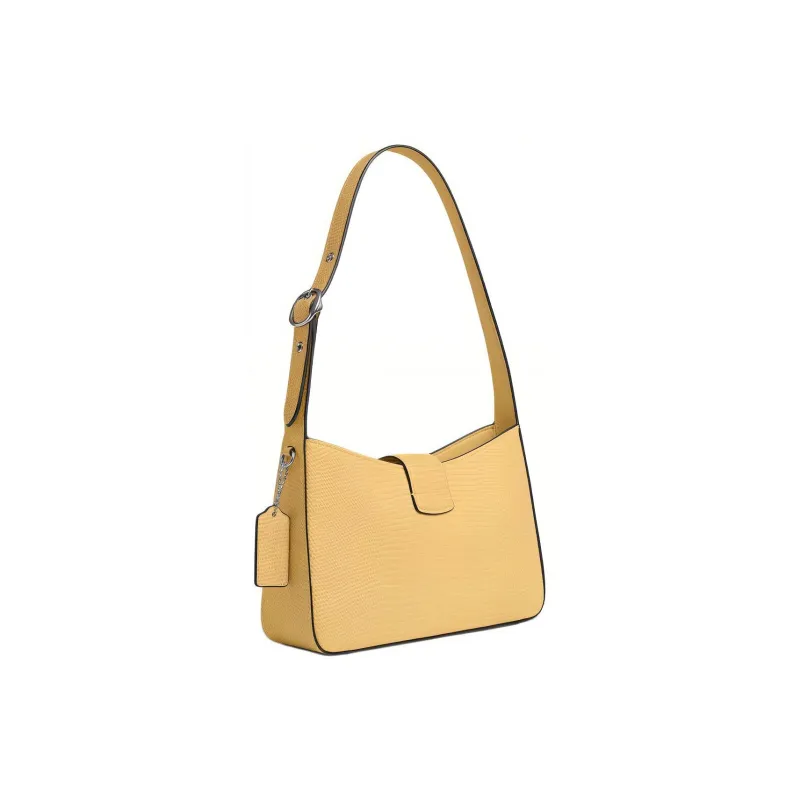 COACH Eliza Lizard Embossed Leather Handbag, Shoulder Bag Medium Size Women's Silver & Dry Grass-1