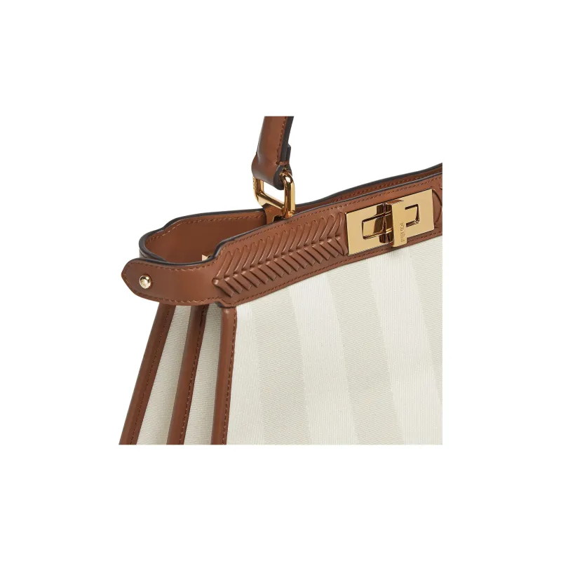 FENDI Peekaboo ISeeU Striped Fabric Calfskin Trim Shoulder Bag Crossbody Bag Handbag Medium Size Women's Light Umber-6