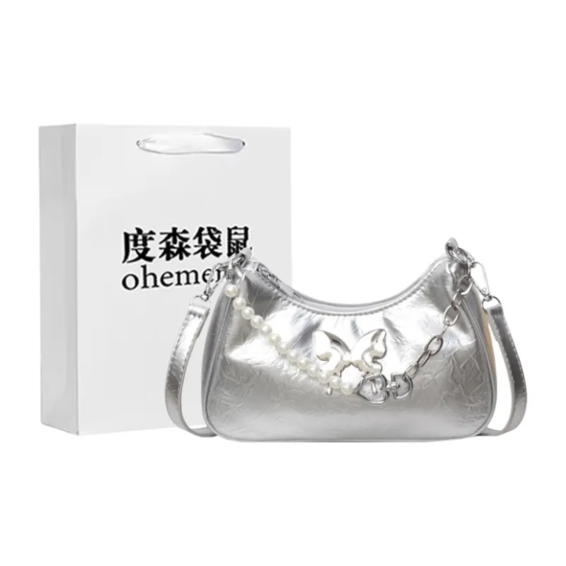 Dusen Kangaroo PU Shoulder Bag, Crossbody Bag Regular Women's Silver/Black/Pink/Ecru-0