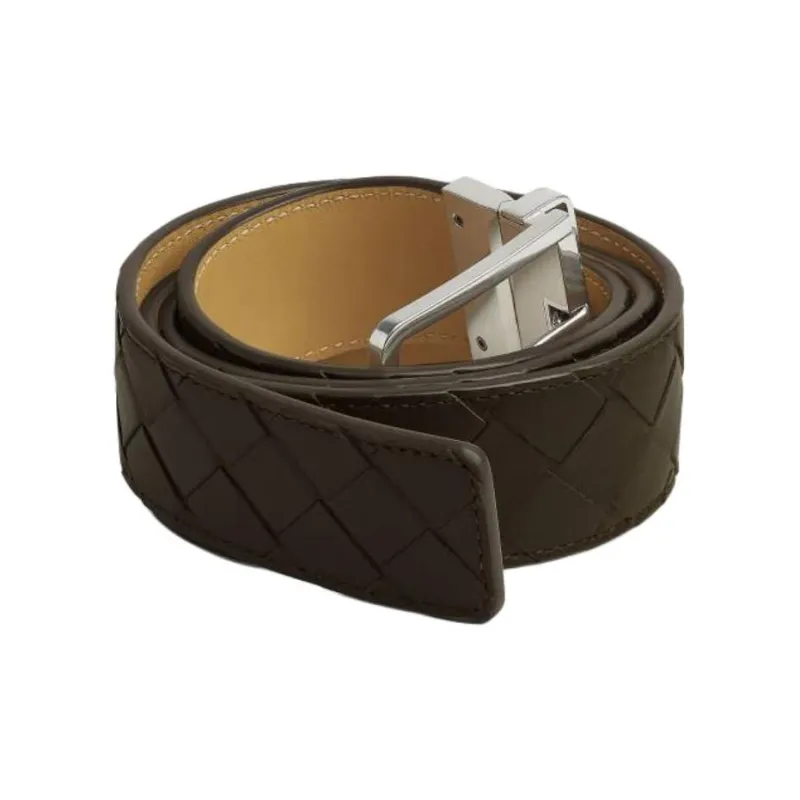 Bottega Veneta Double Sided Design Calfskin Leather Belts Men's Khaki/Dark Praline Width 3.5CM-1