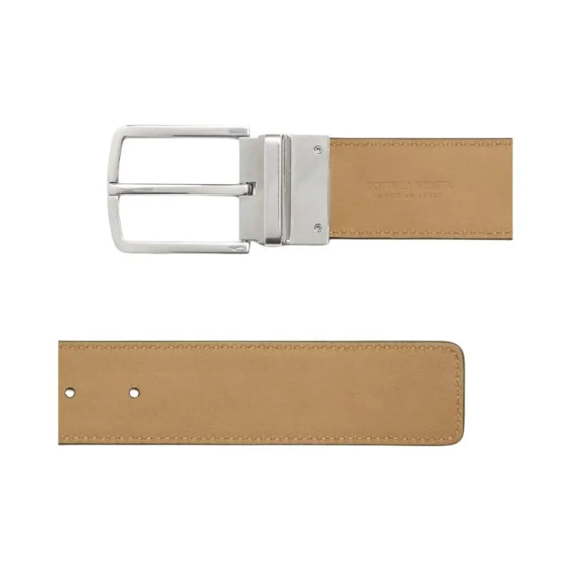 Bottega Veneta Double Sided Design Calfskin Leather Belts Men's Khaki/Dark Praline Width 3.5CM-3