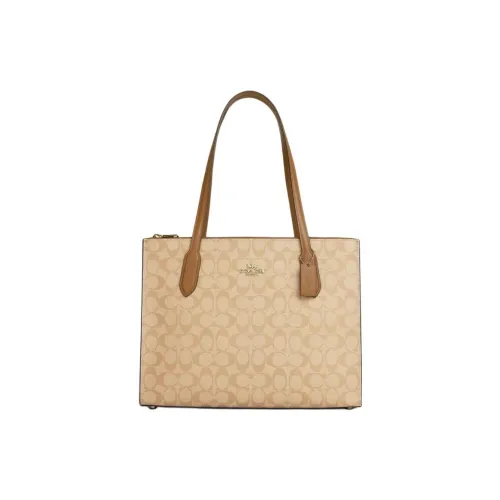 COACH Coated Canvas With Smooth Leather Tote Bag Shopping Bag Handbag Shoulder Bag Large Size Women's Khaki