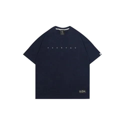 GRAF T-Shirts Men Embroidered Small Letters 'fcukyou' Deep Blue Short Sleeve.