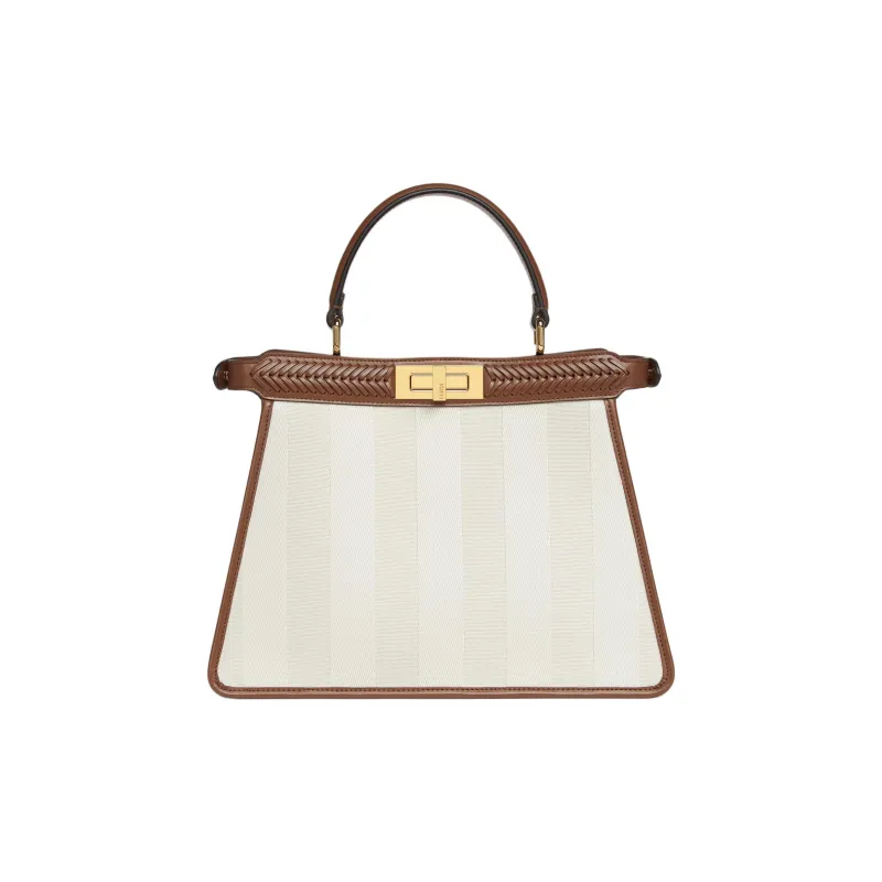 FENDI Peekaboo ISeeU Striped Fabric Calfskin Trim Shoulder Bag Crossbody Bag Handbag Medium Size Women's Light Umber-4
