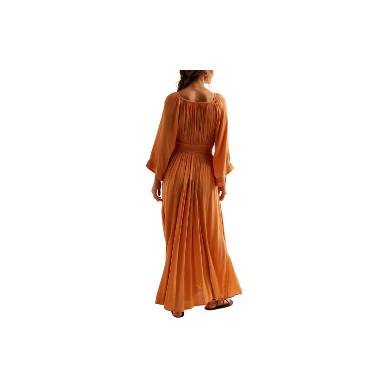 FREE PEOPLE Dixie Maxi Long-Sleeved Dresses Women's Golden Earth/Gold Big Earth-1