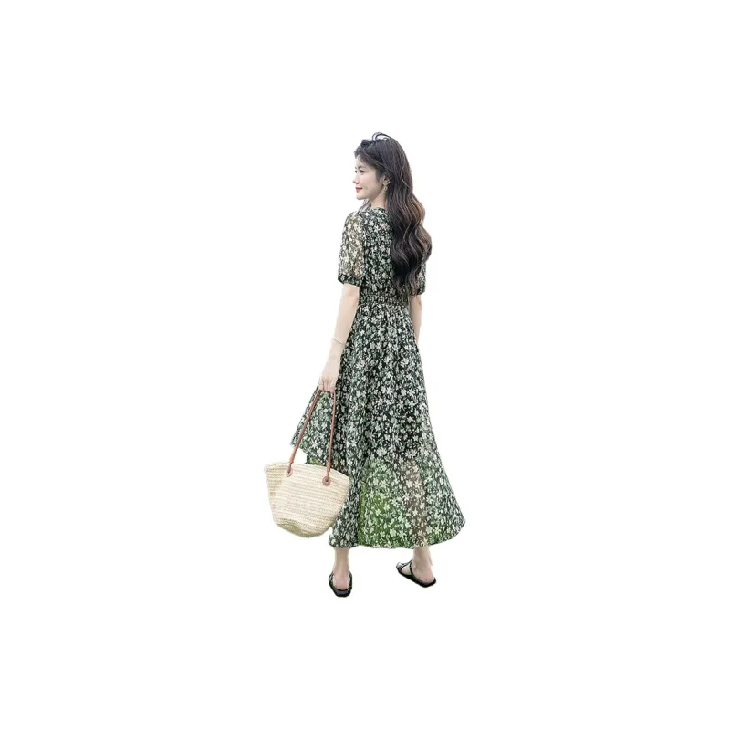 Cypress House Short-Sleeved Dresses Women's Black Background With Green Flowers-1