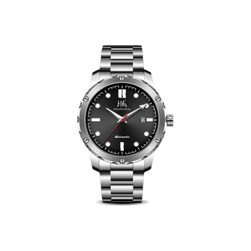 SHANGHAI National Automatic Mechanical Movement Stainless Steel Watchband Watch Men's Watches Black Dial-0